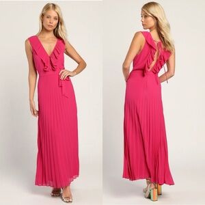 Lulus Loved By You Hot Pink Pleated Chiffon Maxi Dress